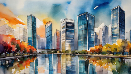 Watercolor painting of skyscrapers with abstract grunge. Modern buildings. Travel sketch. Hand drawn