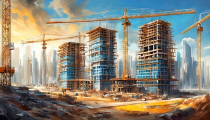 generic under construction site as mega residential towers complex for apartments or flat investment in real estate and infrastructure projects, wide banner with info datum
