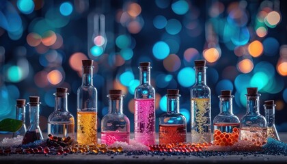 Colorful row of drinkfilled glass bottles on table