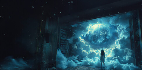 A serene dreamscape in a moonlit room, as a girl's breath transforms into a cloud, evolving into an aquatic galaxy with celestial fish