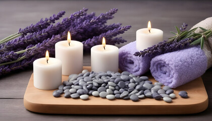 Obraz na płótnie Canvas Spa with lavender elements lavender flowers candles stones 3