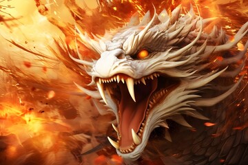 a dragon with a burning background and flames in the background