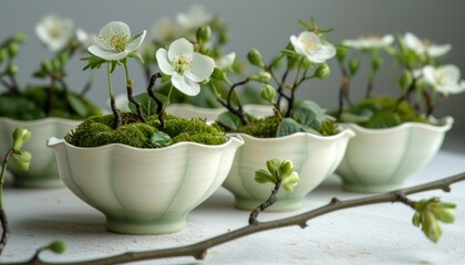 Row of white flowers in small green bowls on table - Powered by Adobe
