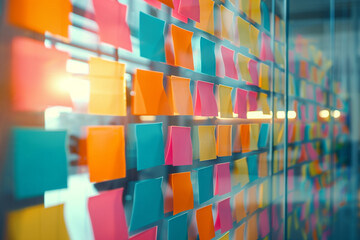 Blank colorful stickers on the window on a glass wall in an office. Empty paper with copy space.