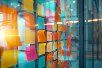 Colorful stickers on the window on a glass wall in an office.