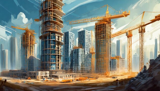 generic under construction site as mega residential towers complex for apartments or flat investment in real estate and infrastructure projects, wide banner with info datum
