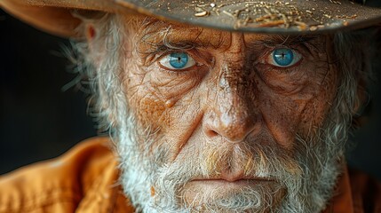 Hombre mayor con sombrero vaquero, retrato cowboy anciano con mirada expresiva - obrazy, fototapety, plakaty