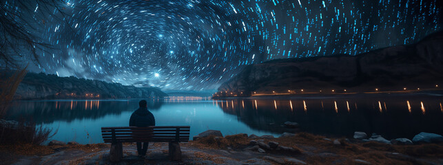 A serene moment captured as a person sits on a bench by the calm lake, star trails stretching over the night sky like a celestial waterfall