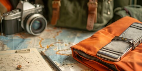 Packing list and travel guide, close view, organized trip planning, soft focus 