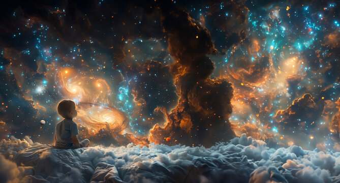 A small boy on a floating bed reaching towards a swirling cloud ceiling morphing into a cosmic scene with floating orbs and distant galaxies - Powered by Adobe