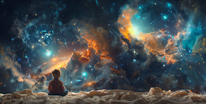 A small boy on a floating bed reaching towards a swirling cloud ceiling morphing into a cosmic scene with floating orbs and distant galaxies