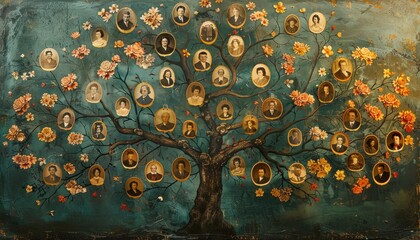 Family Tree: Illustration with Portraits of Relatives - obrazy, fototapety, plakaty