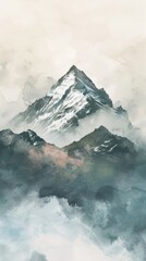 Snow-capped mountains in a beautiful winter landscape. Clouds over the mountains. Watercolor painting. Use for phone wallpaper, posters, postcards, brochures.