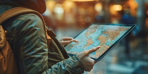 Digital tablet displaying travel itinerary, close-up, organized journey, soft light