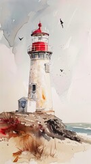 Watercolor painting of a lighthouse on the coast during the daytime. Use for phone wallpaper, posters,
 postcards, brochures.