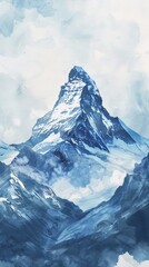 Watercolor painting of snow-capped mountains in a beautiful winter landscape. Use for phone wallpaper, posters, postcards, brochures.