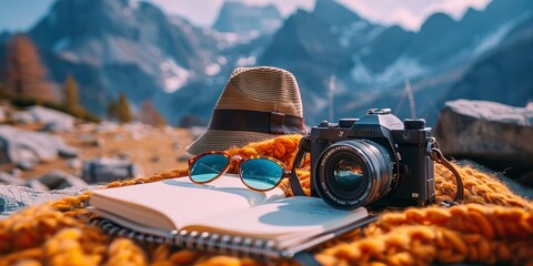 Sunglasses, camera, and journal, essentials for exploration, close-up - obrazy, fototapety, plakaty