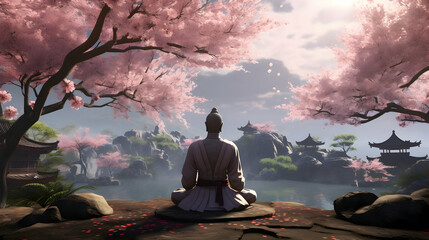 A 3D rendering capturing a content 3D character practicing mindfulness