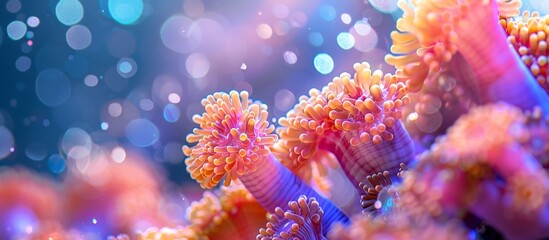 Fototapeta na wymiar Vibrantly colored corals in water with bubbles alongside macro view of tiny polyps on Montipora sps coral in saltwater aquarium.