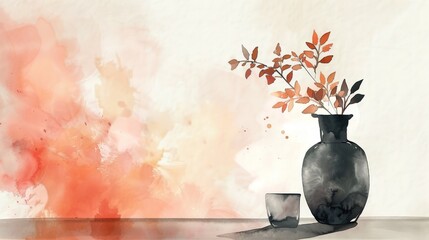 Watercolor art, glass, vase and leaf branches. Use for wallpaper, posters, postcards, brochures.