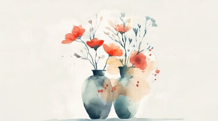 Beautiful peonies in a pair of vases. Watercolor painting. Chinese brush painting. Use for wallpaper,
 posters, postcards, brochures.