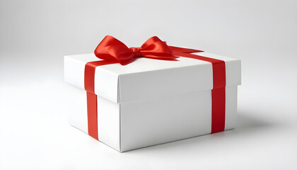 White gift box with red bow on white background 1