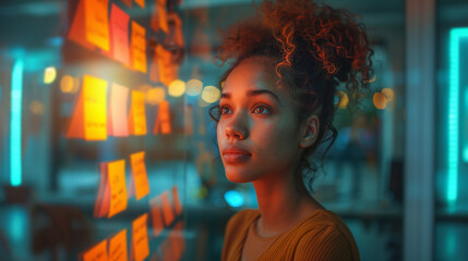 Young girl is looking at orange stickers on a glass wall in an office.