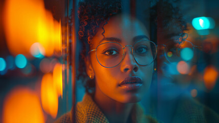 Portrait of a young girl in glasses in orange neon lights.