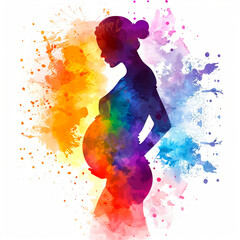 Multicolored silhouette of a pregnant woman. Watercolor colorful illustration with splashes.