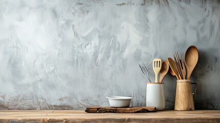 Wooden utensils and ceramic bowls arranged neatly on a rustic wooden countertop against a textured grey wall - obrazy, fototapety, plakaty