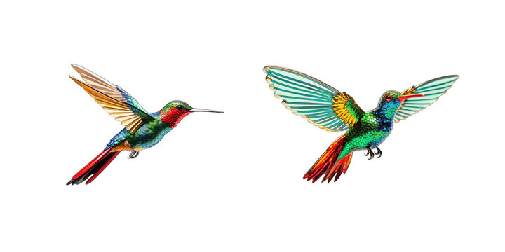 Two colorful hummingbirds isolated on white background. Collection of tropical birds in flight.