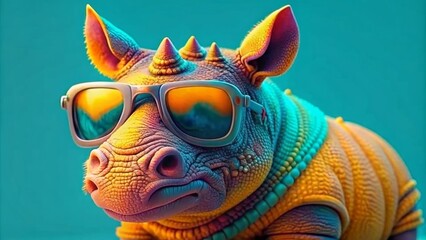 Cute colorful rhino wearing sunglasses on a plain blue background - obrazy, fototapety, plakaty