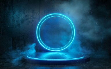3D glowing abstract background with neon lights, circular gate and reflective platform floor