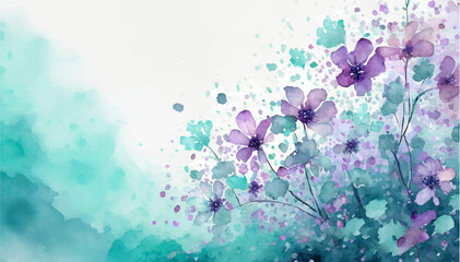 Floral watercolor background. Beautiful purple and turquoise flowers painting. Angular drawing and space for text.