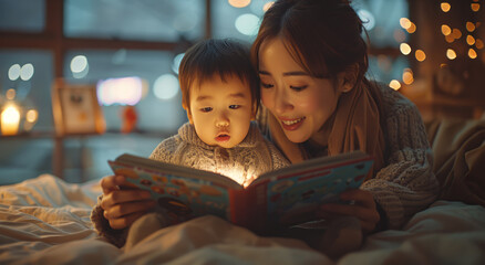 Asian Mother reading  storybooks to asian son night time. 