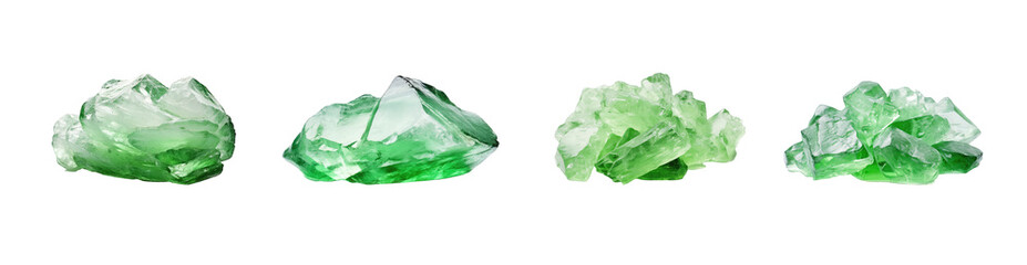 Set of green tourmaline crystals isolated over the white background, set of three different foreshortenings