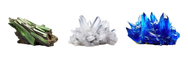 Blue and green quartz crystals isolated on white background with clipping path. - obrazy, fototapety, plakaty