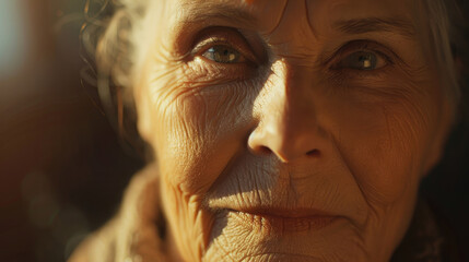 Close-up of a smiling senior elderly woman's calm and kind face with sunlight shining on the face against a warm background created with Generative AI Technology