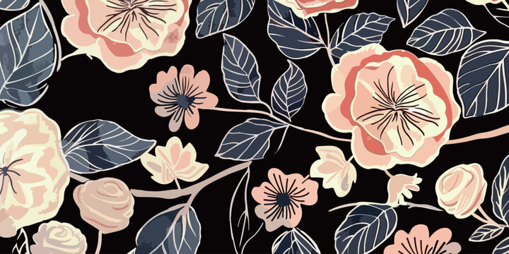 These images showcase elegant floral patterns with a variety of flowers and leaves set against a dark background, creating a sophisticated and artistic design.
