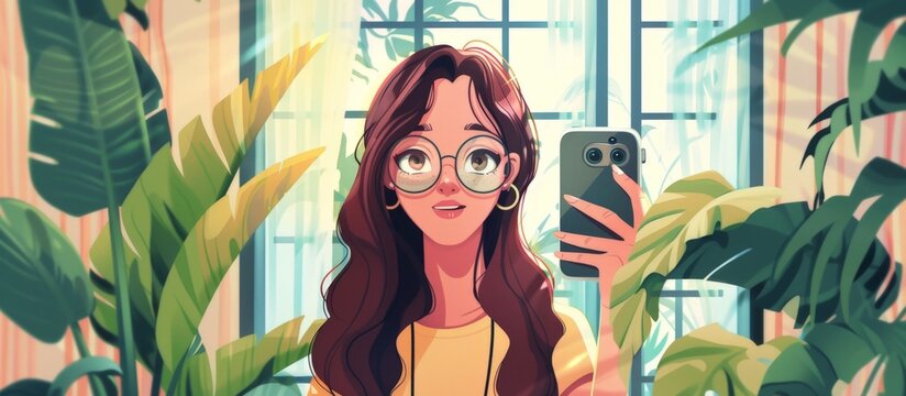 Capturing a moment, a woman stands by a window full of lush plants to take a selfie