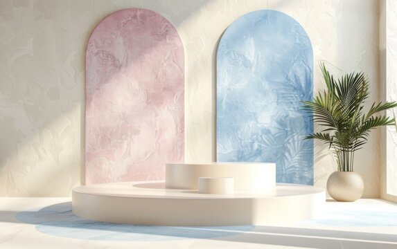 3D render Minimal scene with podium and abstract background. Pastel colors with Geometric shapes interior cosmetic product show. blue ,pink, green , and white