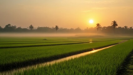  Bright sunrise over a lush green rice paddy