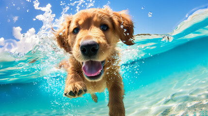 A cute golden retriever puppy swimming in the clear water of an American lake, with its tongue hanging out and big eyes looking at you happily. The clear blue sky, natural scenery, and sunny day. 