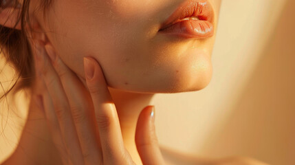 Close-up of woman's face, chin, beautiful lips and neck with touch on cheek face with one hand and natural make-up advertising with soft light and shadow created with Generative AI Technology