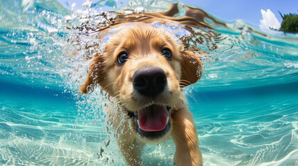 A cute golden retriever puppy swimming in the clear water of an American lake, with its tongue...
