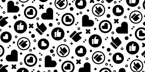 Social media with hearts and thumbs up cover template. Black and white vector illustration.