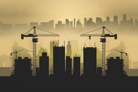 StockImage Construction buildings, cranes, foggy sky, cityscape silhouette vector
