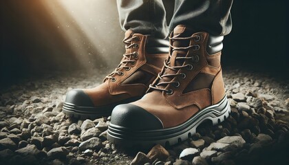 Rugged Work Boots on Rocky Ground A pair of durable brown leather work boots standing on a rough, rocky surface, highlighted by a sunbeam. - obrazy, fototapety, plakaty
