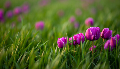 Tulpen in einem Weizenfeld im Frühling im Sonnenuntergang