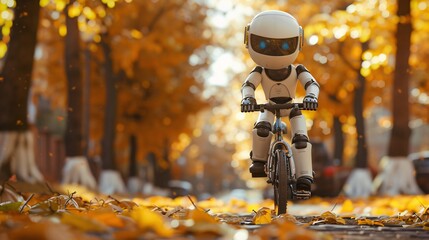 The robot rides a bicycle in the autumn park on a background of yellow leaves.